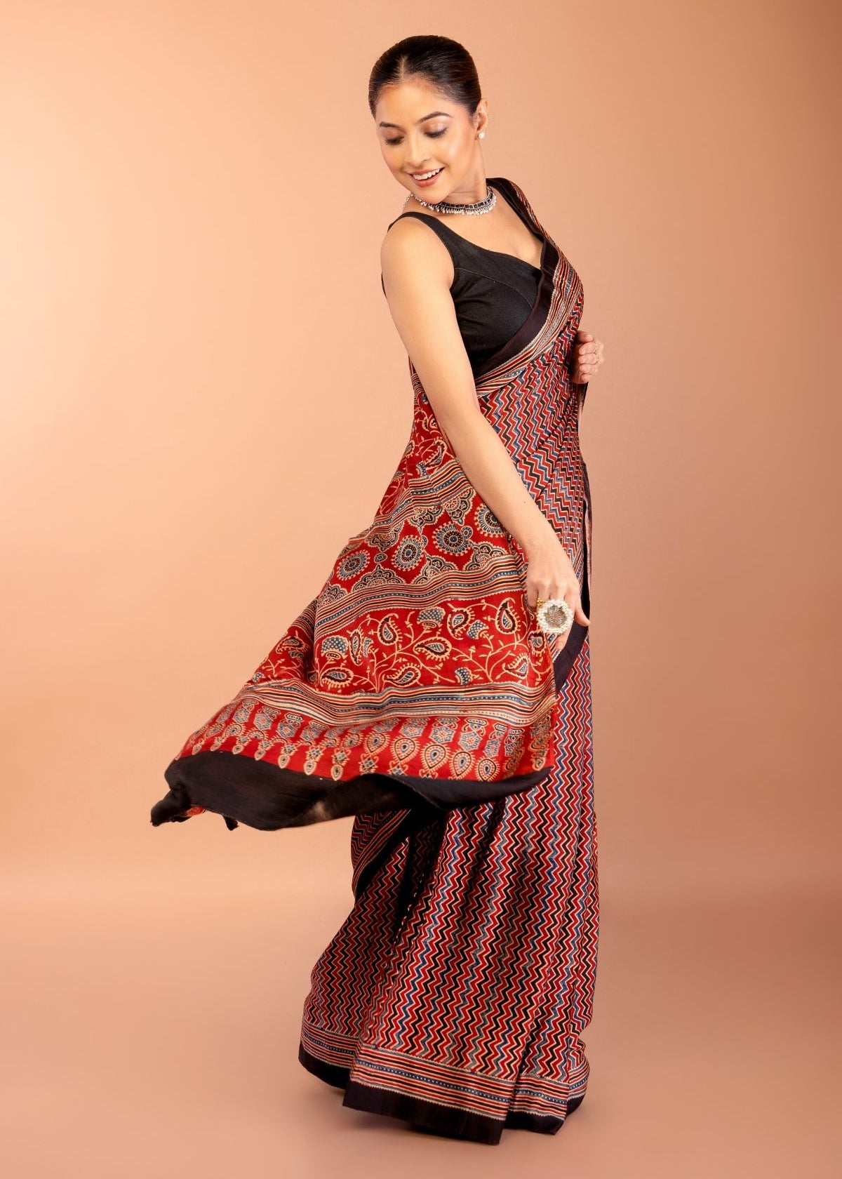 Red Ajrakh Saree with Hand Block Prints - Anvi Couture