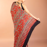 Red Ajrakh Saree with Hand Block Prints - Anvi Couture