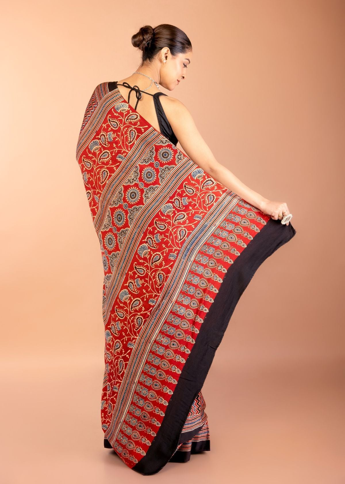 Red Ajrakh Saree with Hand Block Prints - Anvi Couture