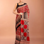 Red Printed Modal Silk Ajrakh Saree with Black Temple Border