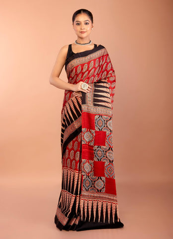 Red Printed Modal Silk Ajrakh Saree with Black Temple Border