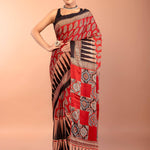 Red Printed Modal Silk Ajrakh Saree with Black Temple Border