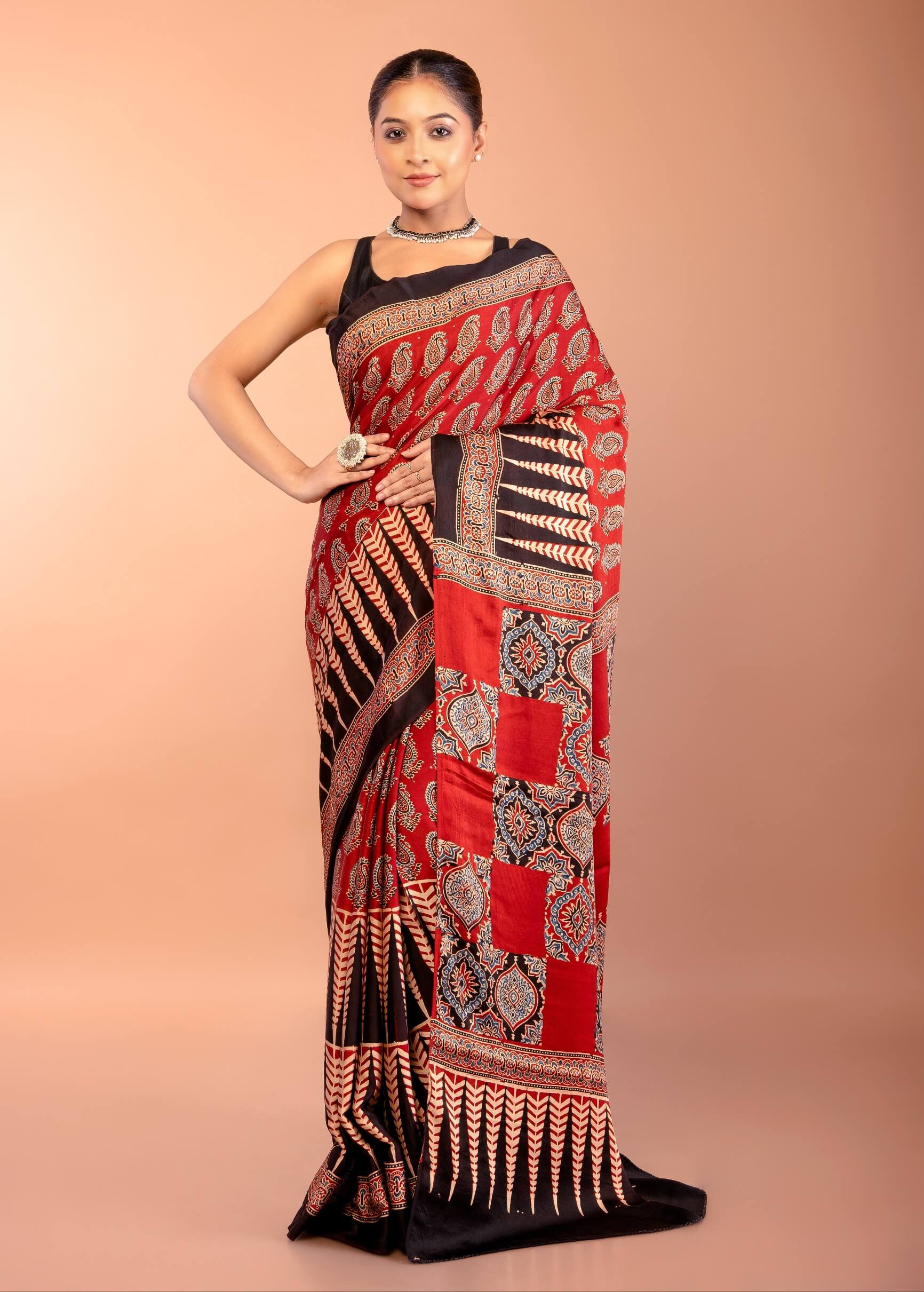 Red Printed Modal Silk Ajrakh Saree with Black Temple Border