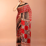 Red Printed Modal Silk Ajrakh Saree with Black Temple Border