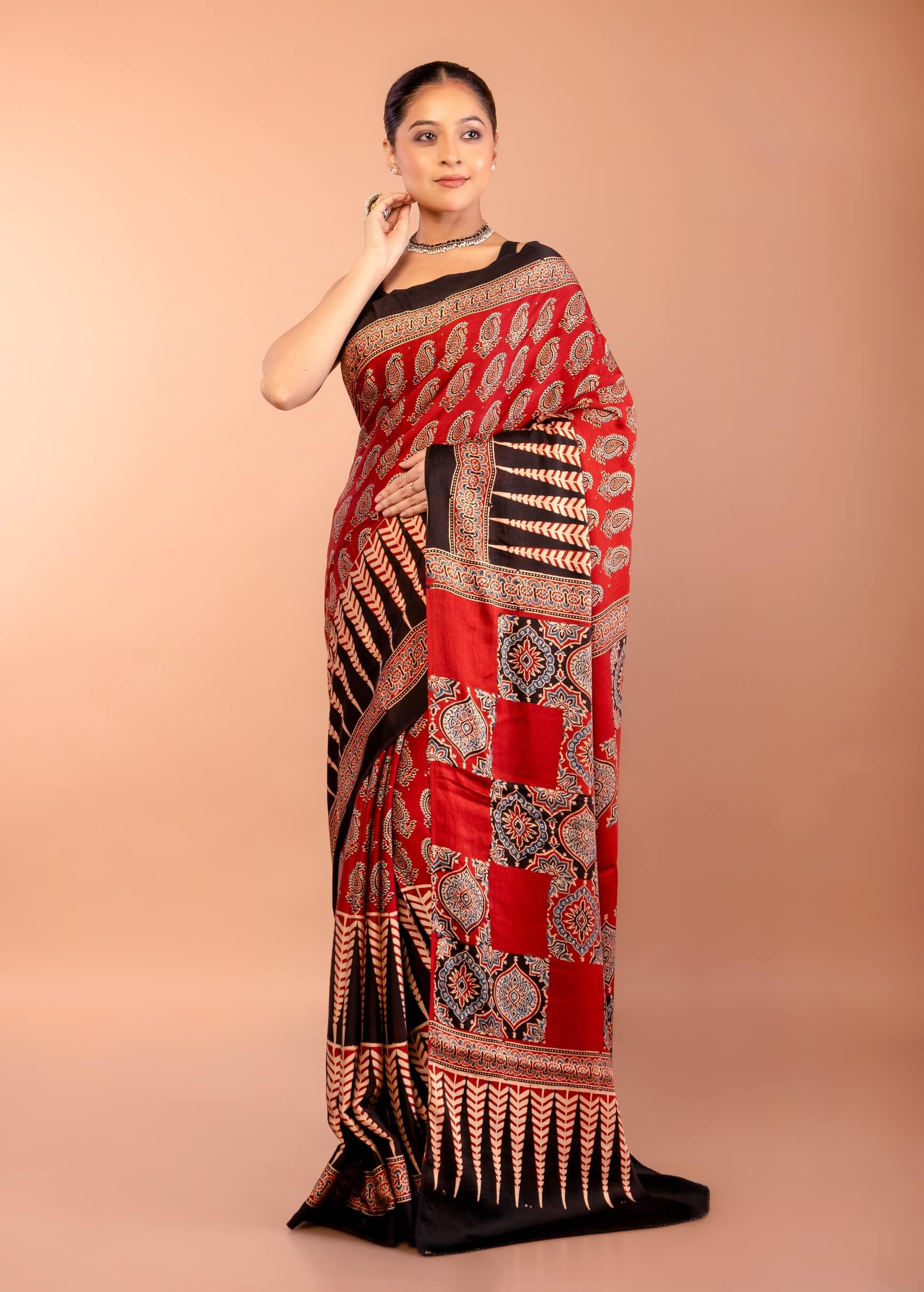 Red Printed Modal Silk Ajrakh Saree with Black Temple Border