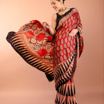Red Printed Modal Silk Ajrakh Saree with Black Temple Border