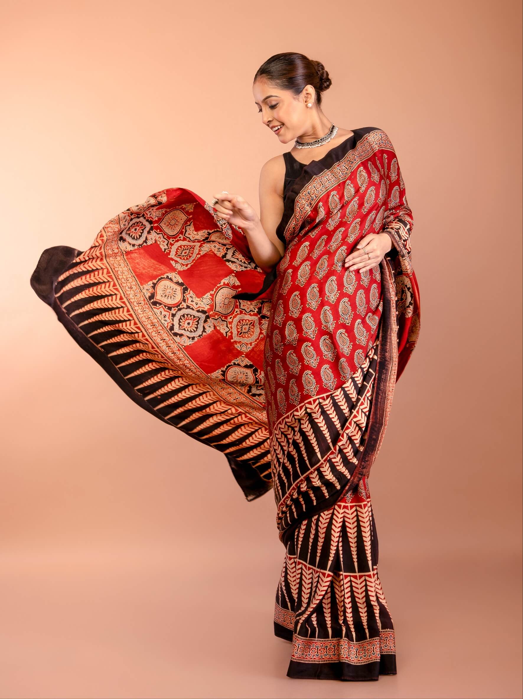 Red Printed Modal Silk Ajrakh Saree with Black Temple Border