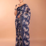 Dark Blue Chiffon Saree with All Over Sequin Work and Border - Anvi Couture