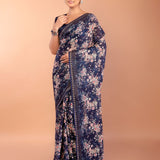 Dark Blue Chiffon Saree with All Over Sequin Work and Border - Anvi Couture