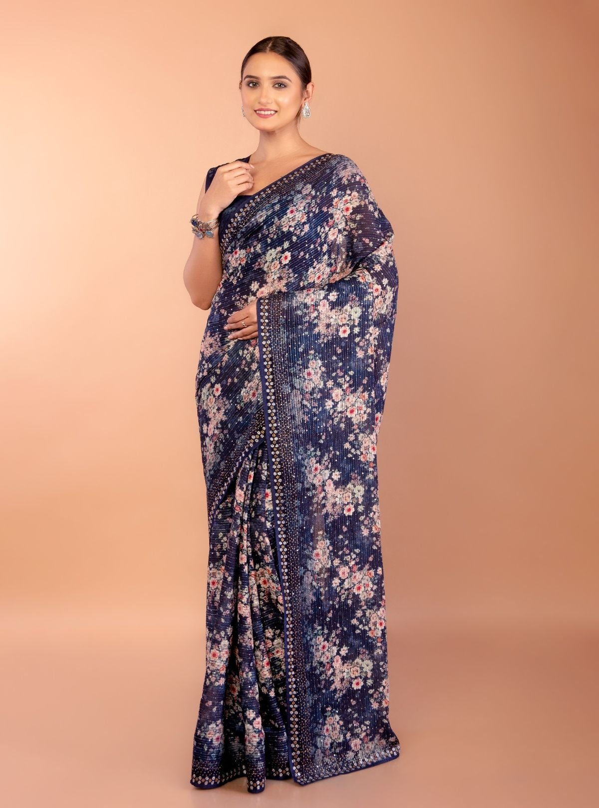 Dark Blue Chiffon Saree with All Over Sequin Work and Border - Anvi Couture