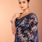 Dark Blue Chiffon Saree with All Over Sequin Work and Border - Anvi Couture