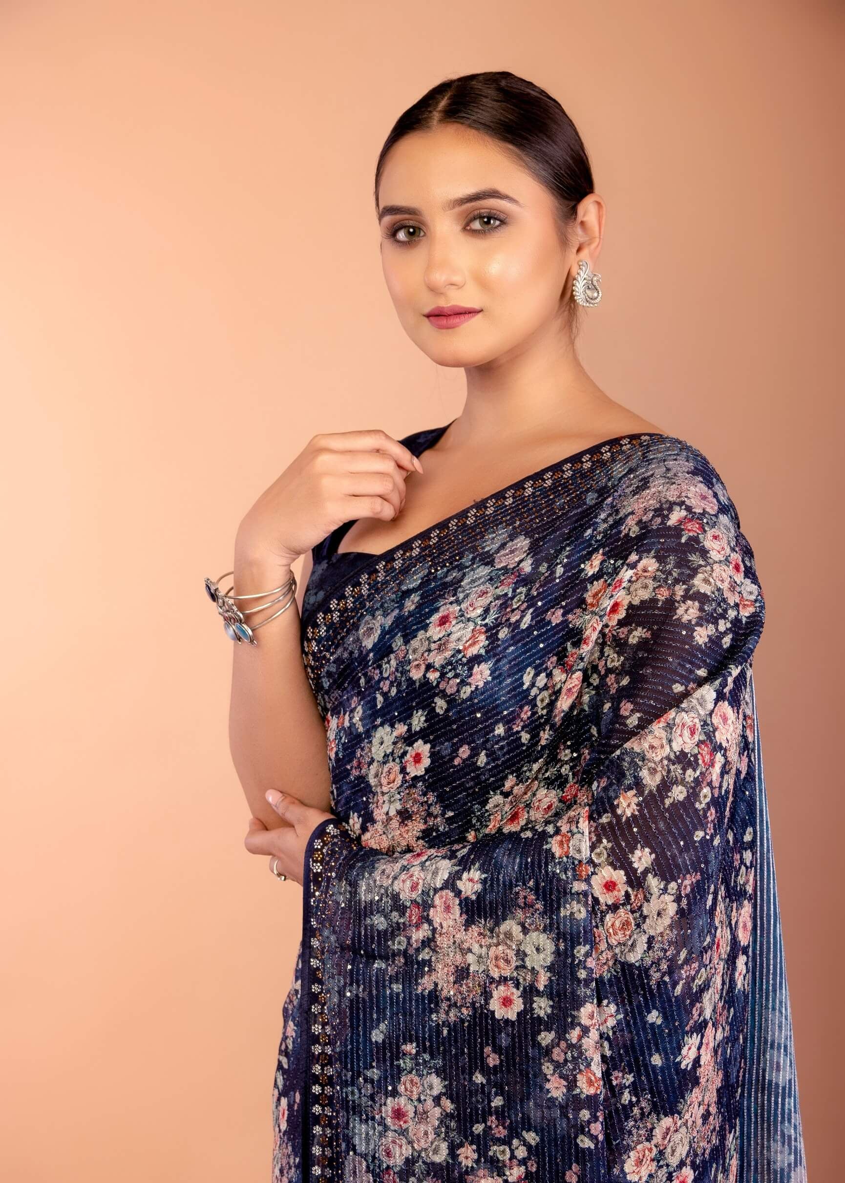 Dark Blue Chiffon Saree with All Over Sequin Work and Border - Anvi Couture