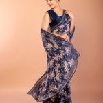 Dark Blue Chiffon Saree with All Over Sequin Work and Border - Anvi Couture