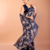 Dark Blue Chiffon Saree with All Over Sequin Work and Border - Anvi Couture