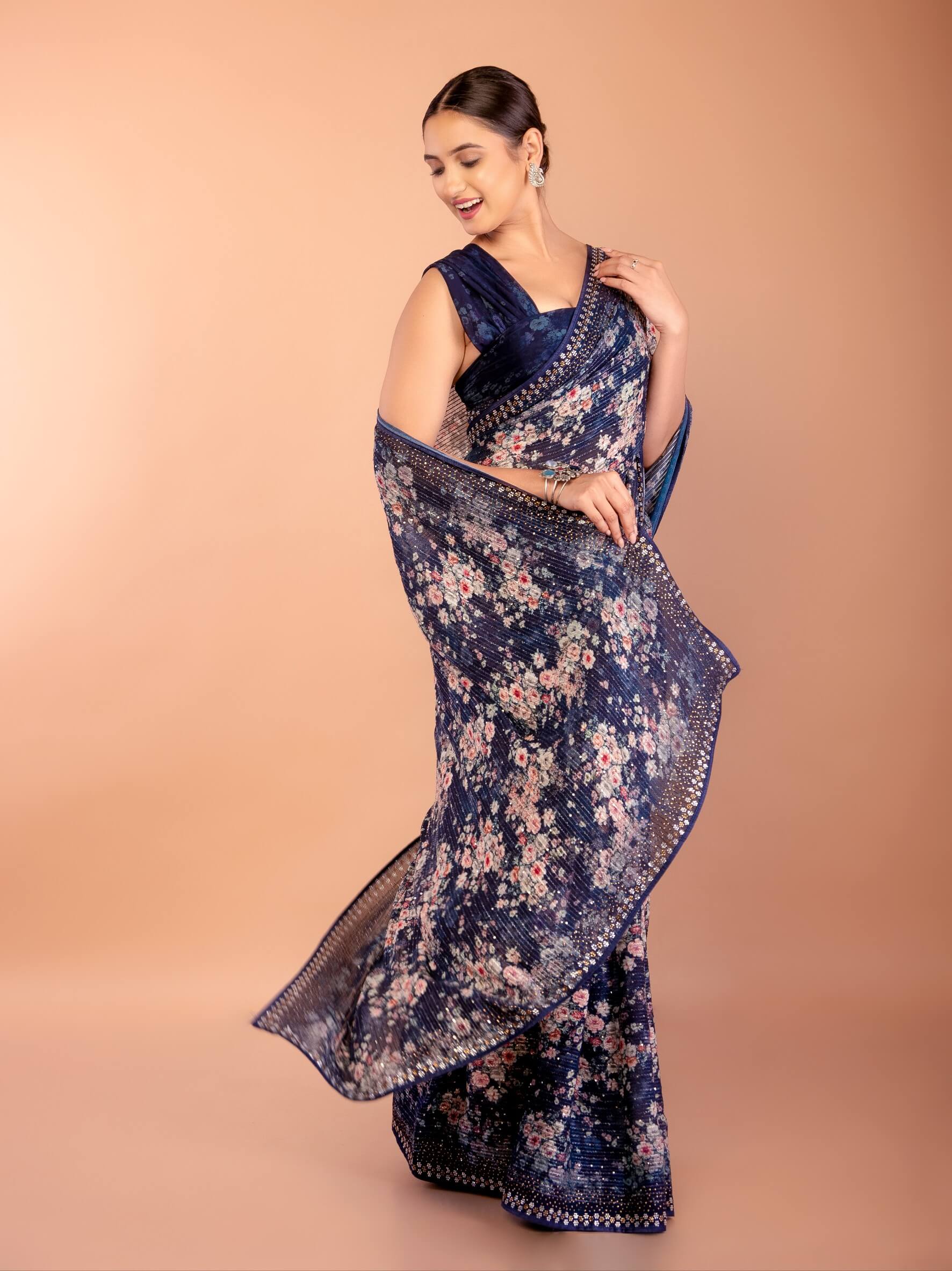 Dark Blue Chiffon Saree with All Over Sequin Work and Border - Anvi Couture