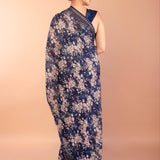 Dark Blue Chiffon Saree with All Over Sequin Work and Border - Anvi Couture