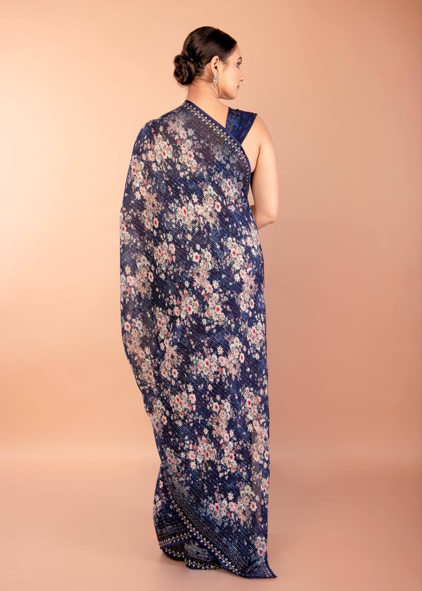 Dark Blue Chiffon Saree with All Over Sequin Work and Border - Anvi Couture