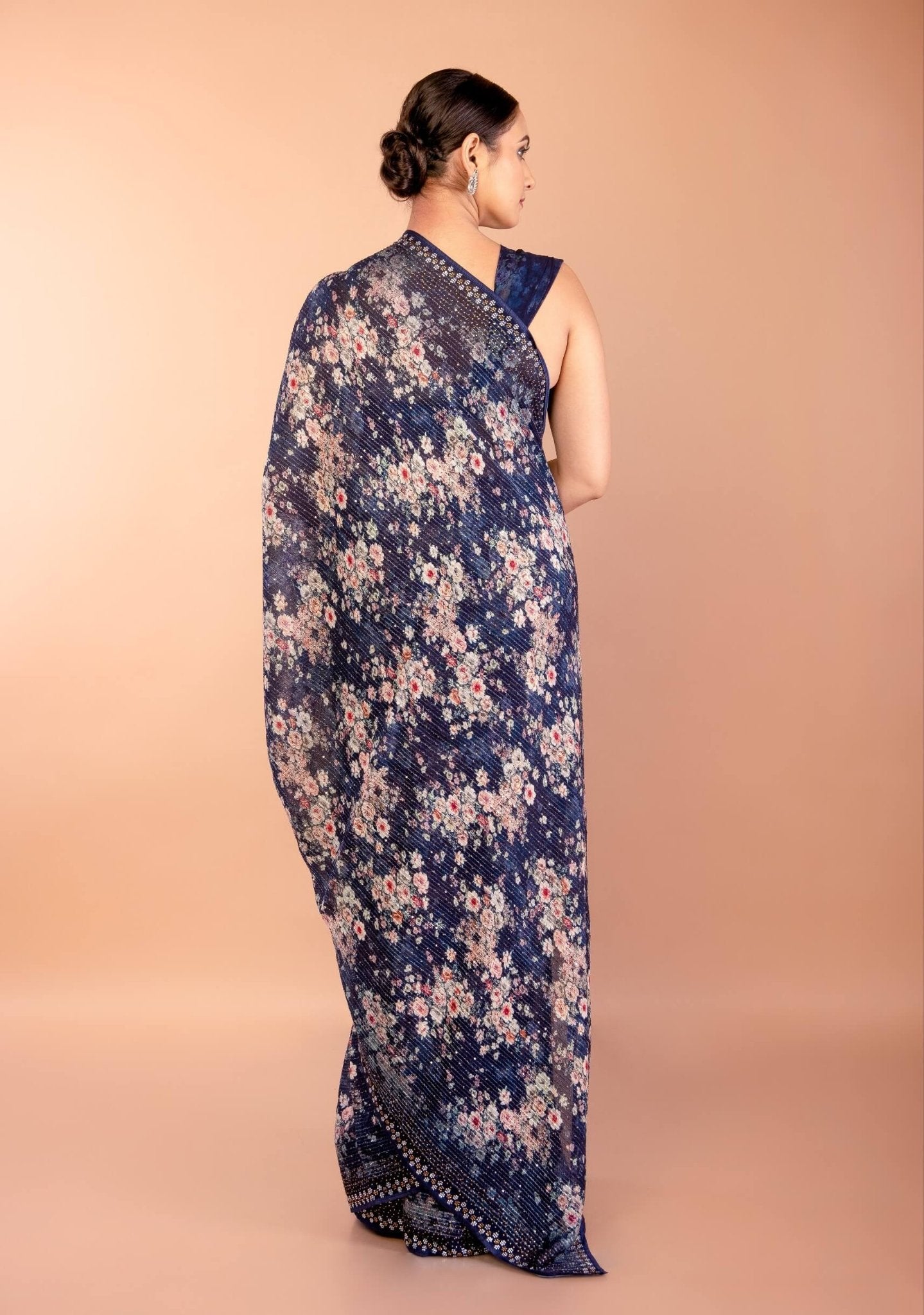 Dark Blue Chiffon Saree with All Over Sequin Work and Border - Anvi Couture