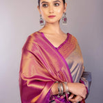 Grey Soft South Indian Silk Saree with Contrast Purple Border - Anvi Couture