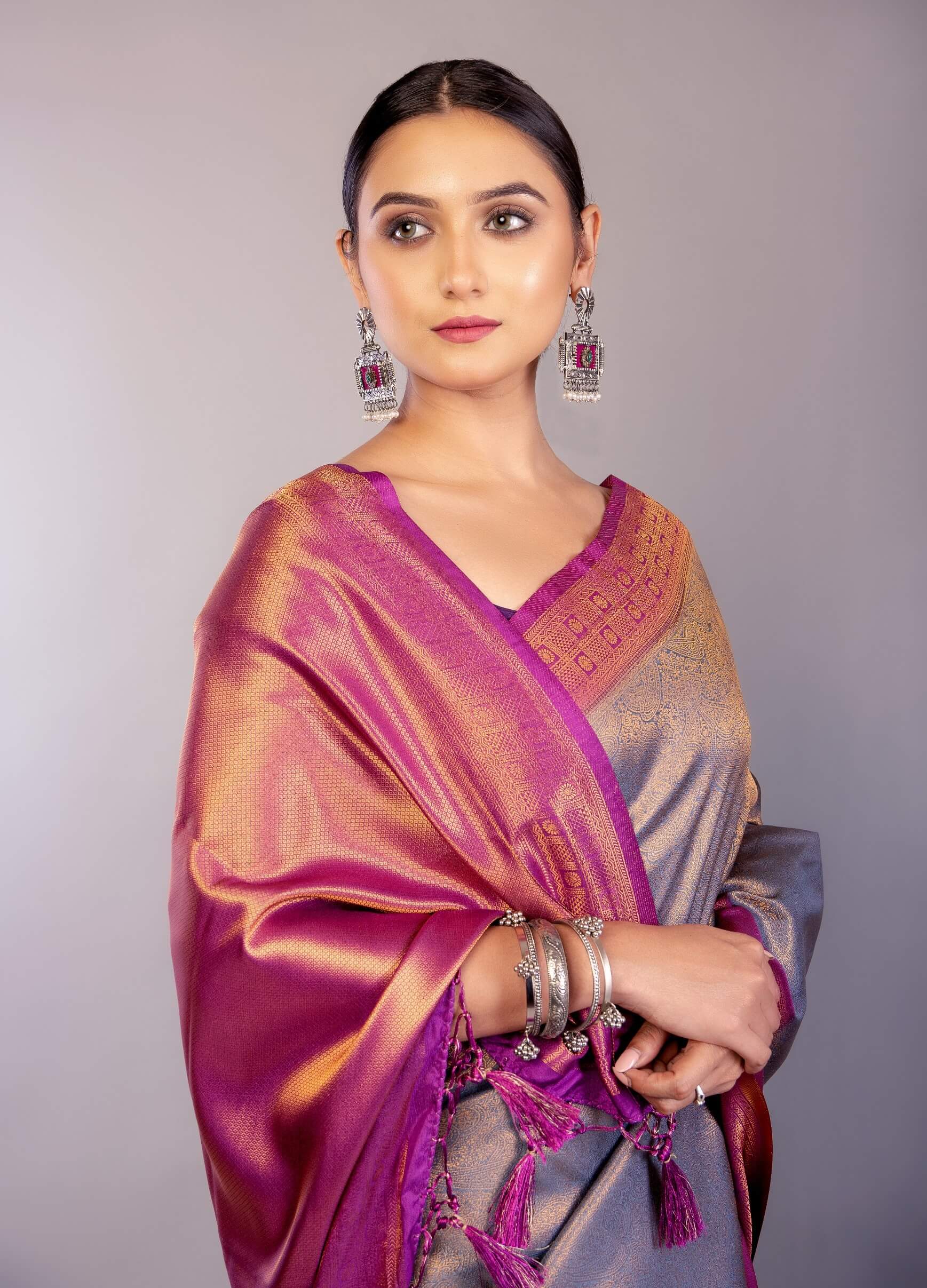 Grey Soft South Indian Silk Saree with Contrast Purple Border - Anvi Couture