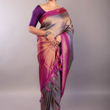 Grey Soft South Indian Silk Saree with Contrast Purple Border - Anvi Couture