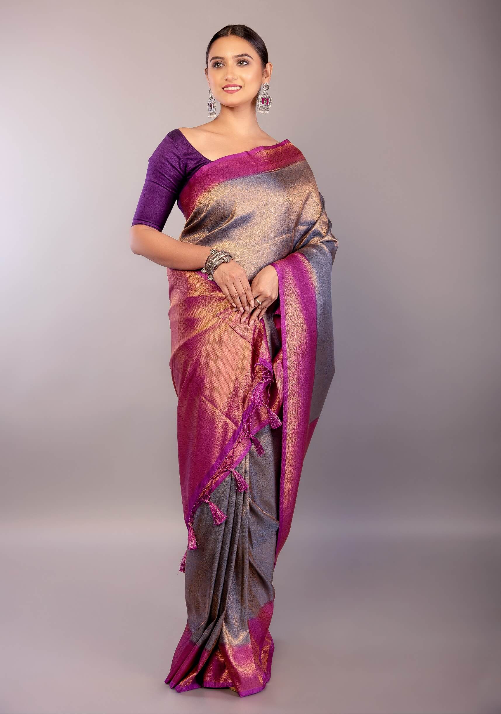 Grey Soft South Indian Silk Saree with Contrast Purple Border - Anvi Couture