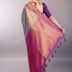 Grey Soft South Indian Silk Saree with Contrast Purple Border - Anvi Couture