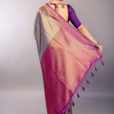 Grey Soft South Indian Silk Saree with Contrast Purple Border - Anvi Couture