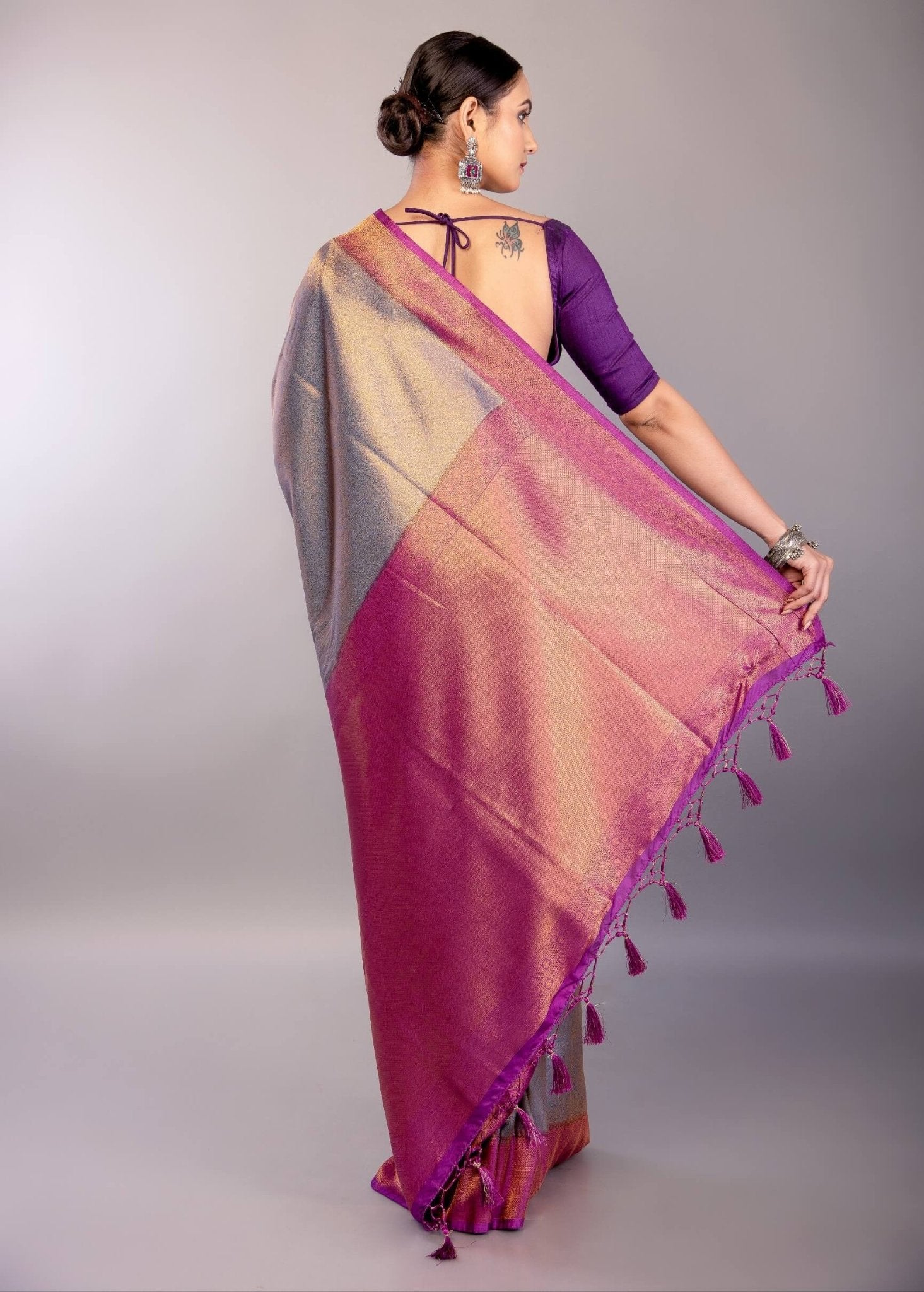 Grey Soft South Indian Silk Saree with Contrast Purple Border - Anvi Couture
