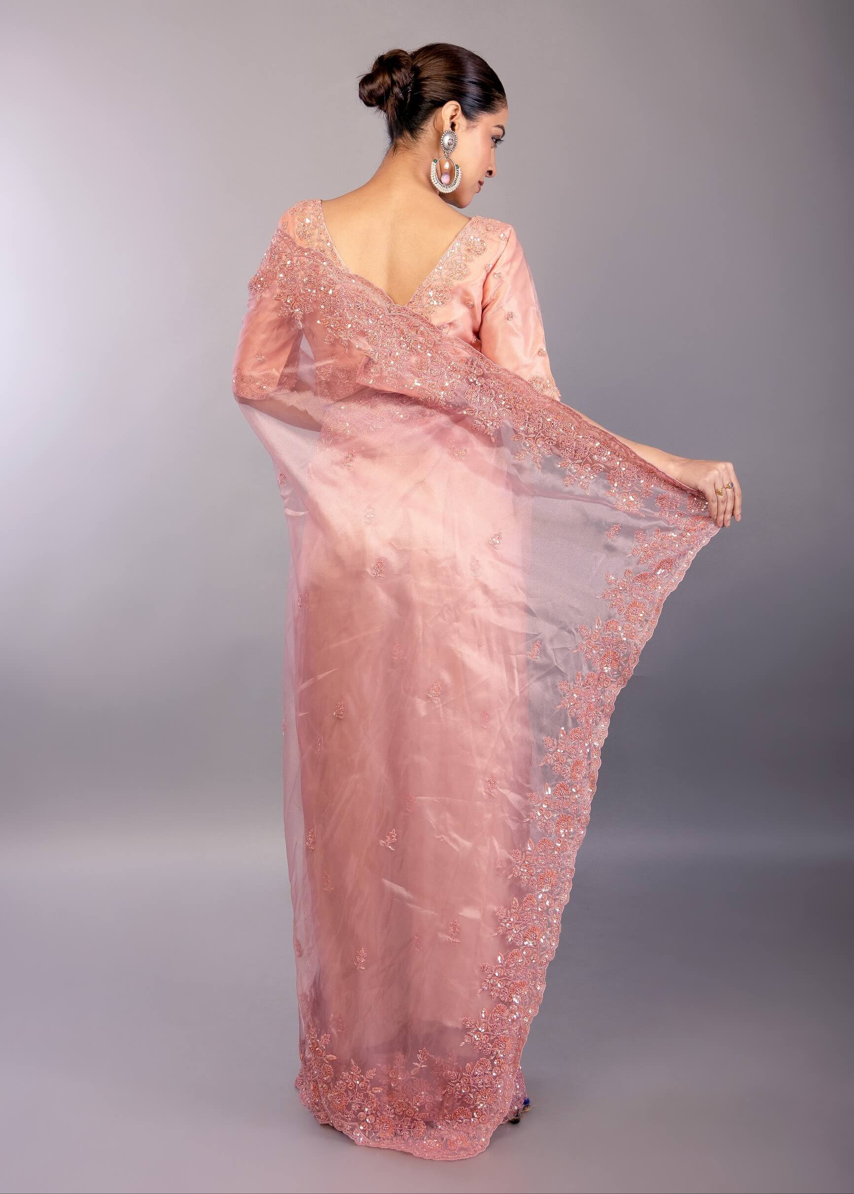 Pastel Pink Organza Saree with Hand Embroidered Border 
