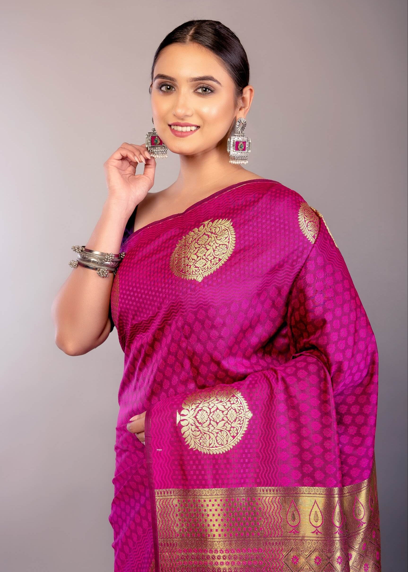 Barbie Hot Pink Kancheepuram Silk Saree with Gold Zari Work 