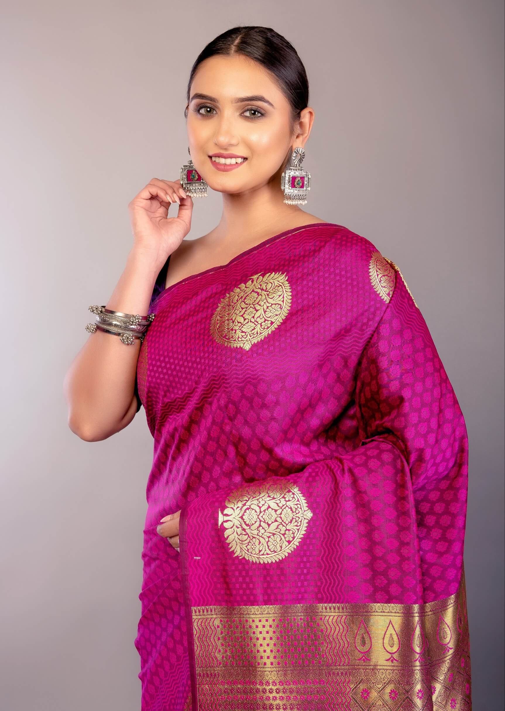 Barbie Hot Pink Kancheepuram Silk Saree with Gold Zari Work 