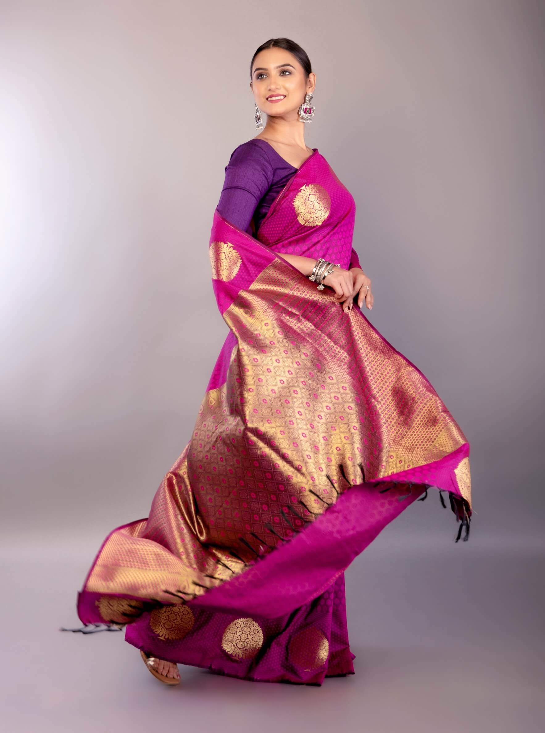 Rani Pink Kanjeevaram Silk Saree with Gold Zari Work 
