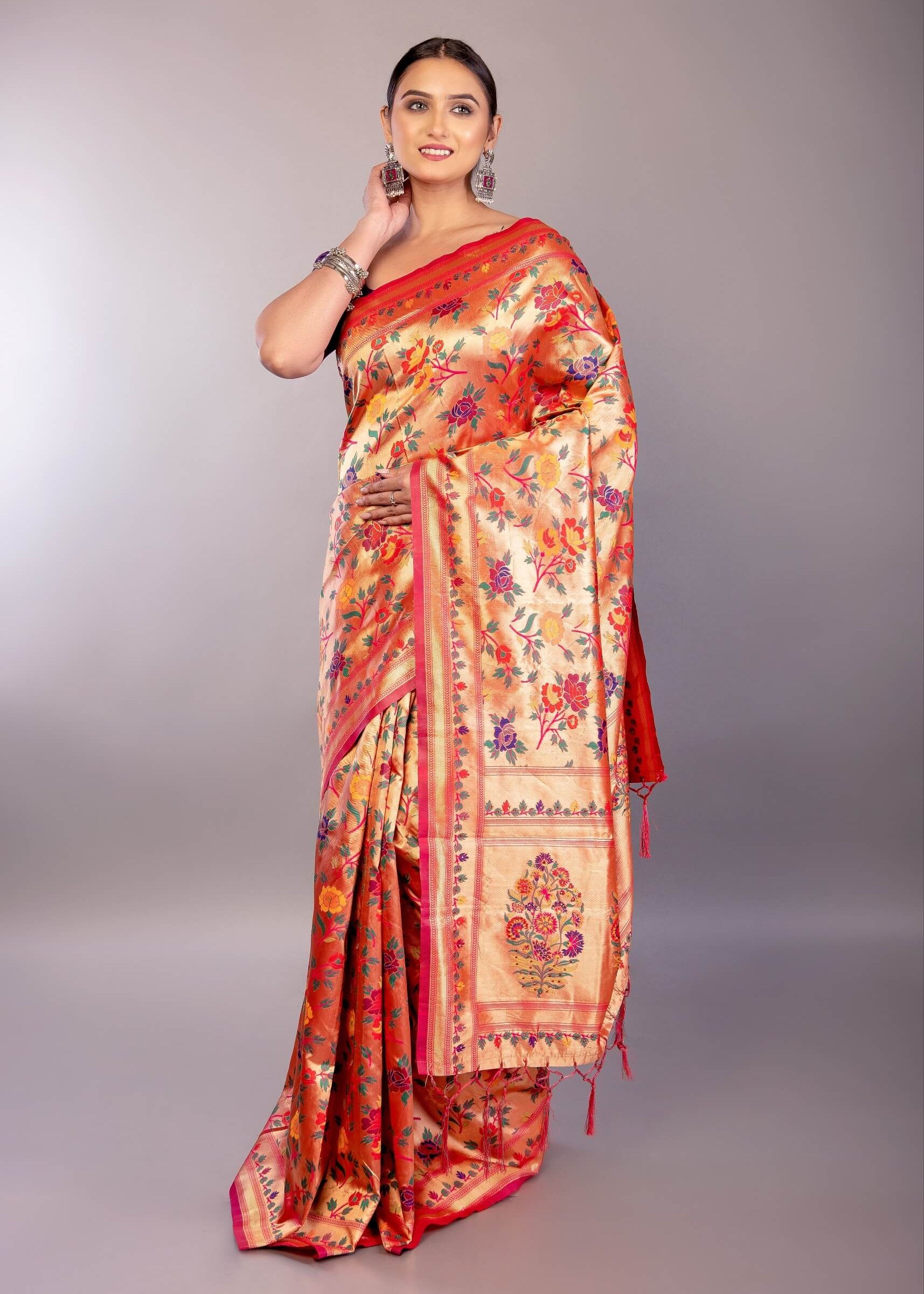 Orange Paithani Silk Saree with All Over Floral Motifs 