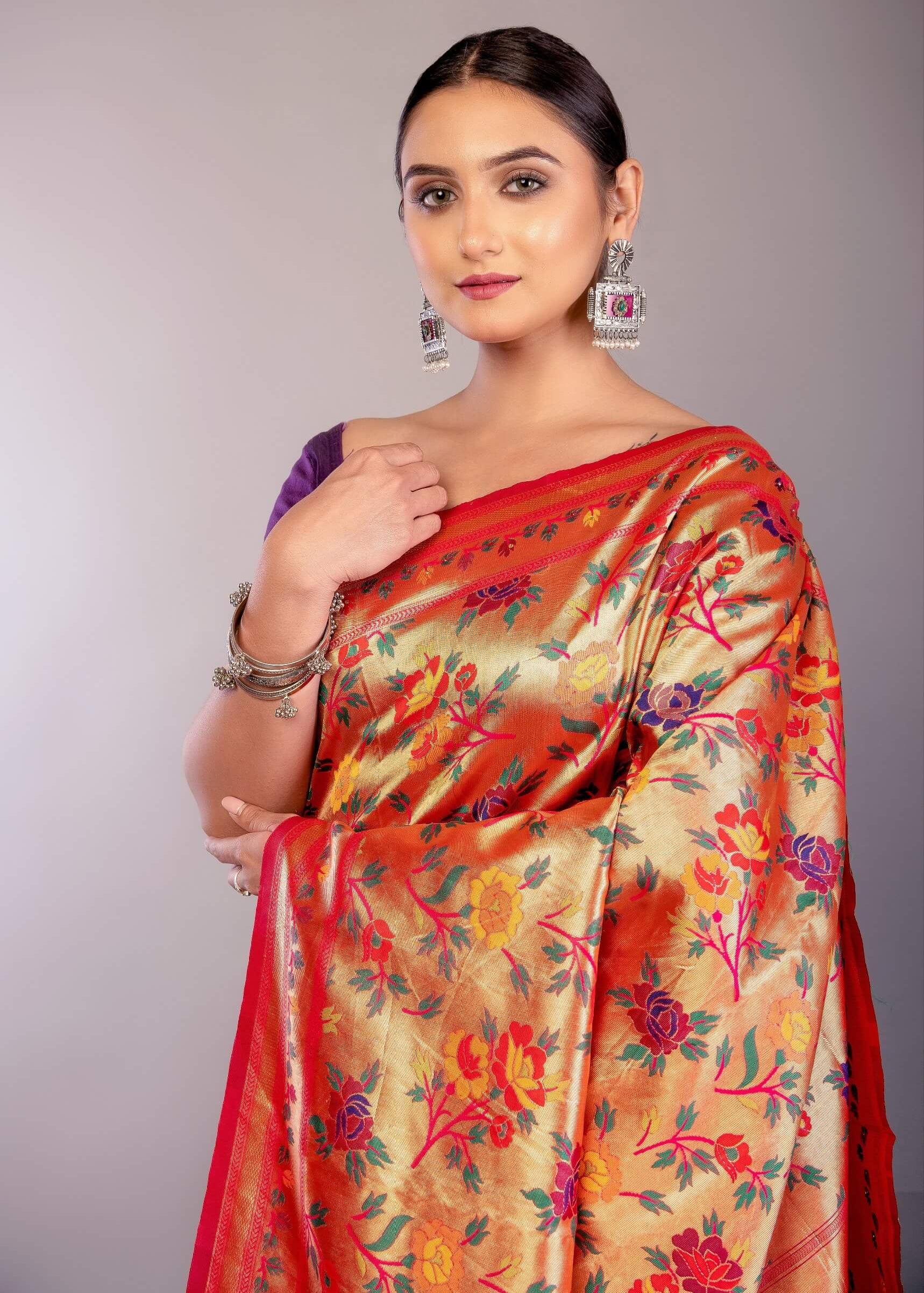 Orange Paithani Silk Saree with All Over Floral Motifs 