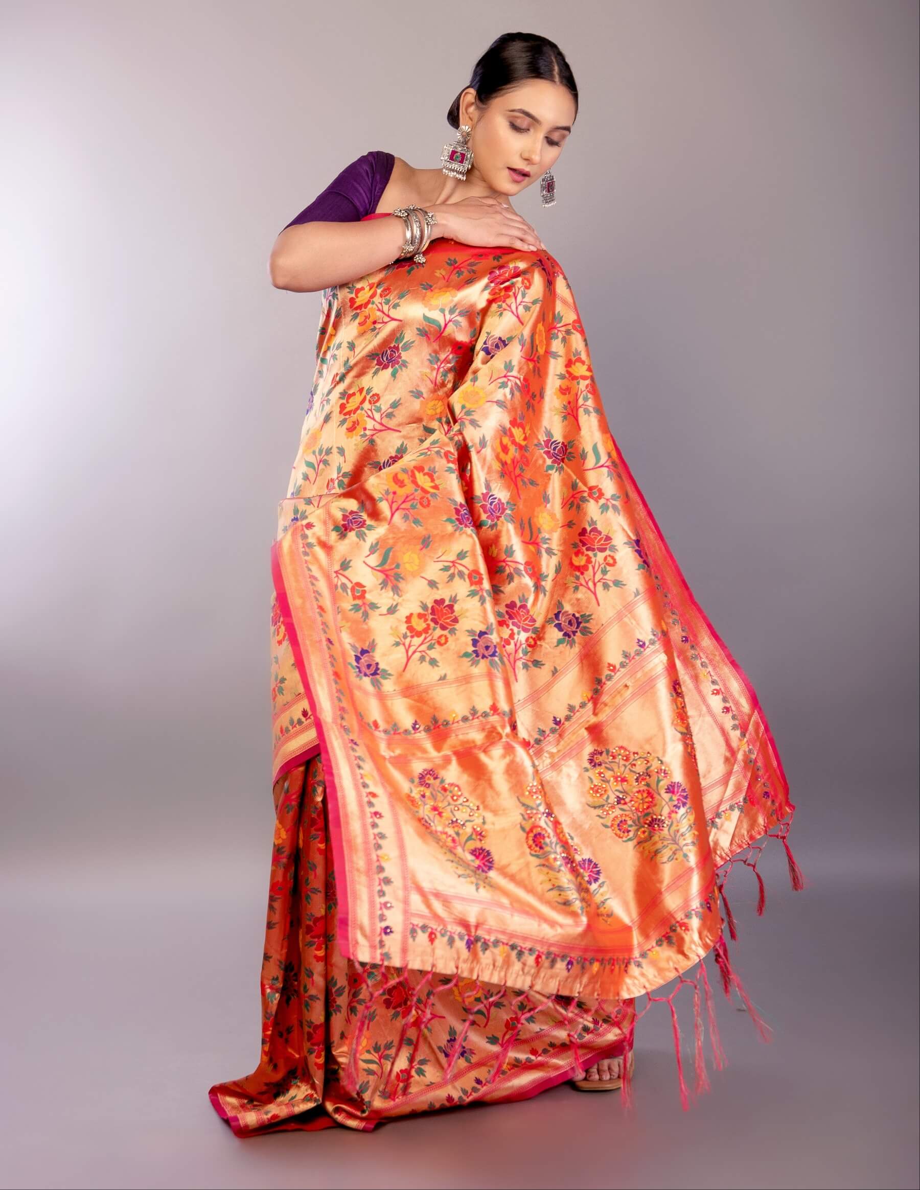 Orange Paithani Silk Saree with All Over Floral Motifs 