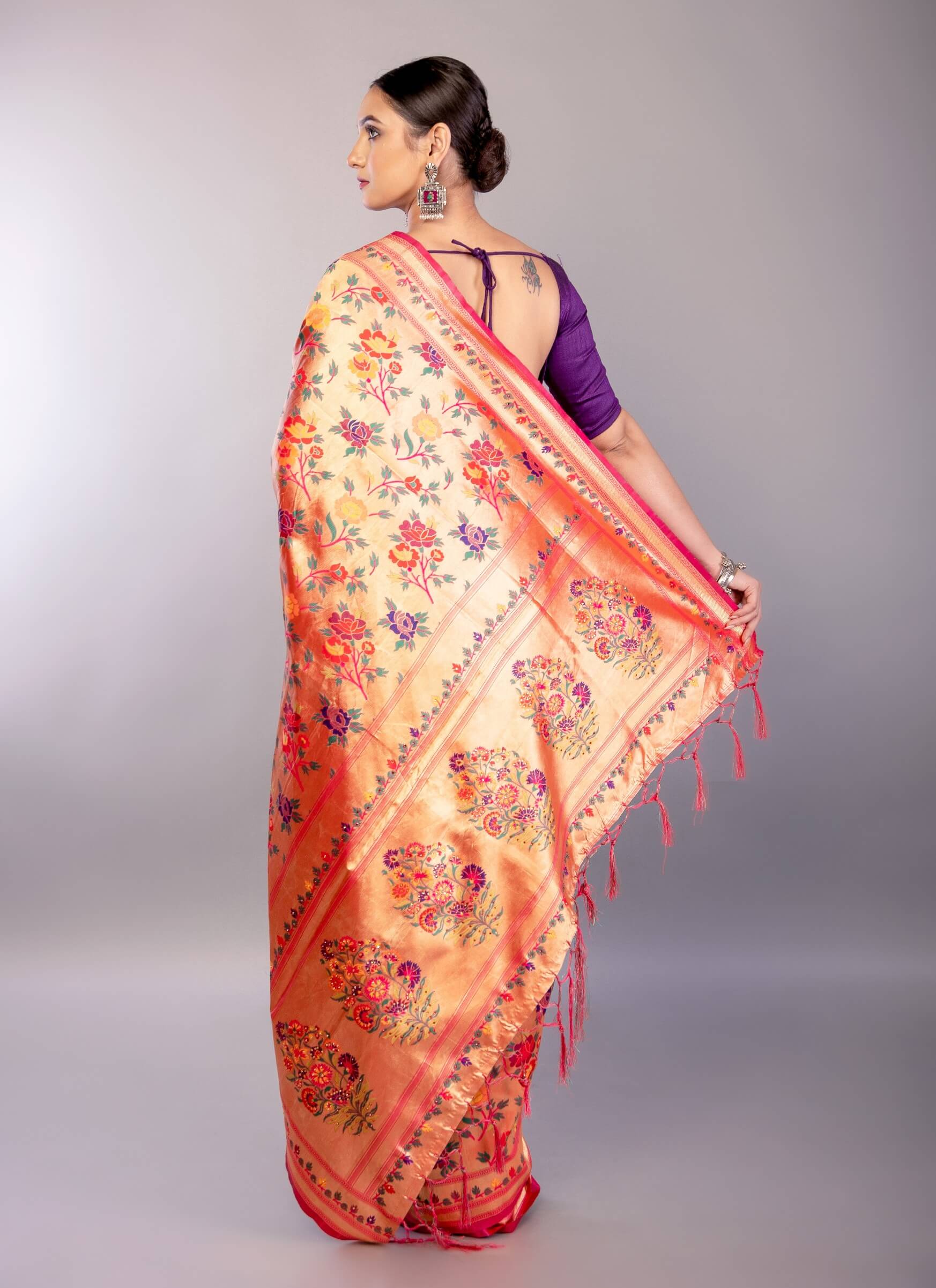 Orange Paithani Silk Saree with All Over Floral Motifs 