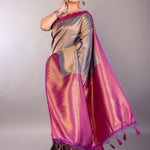 Grey Soft South Indian Silk Saree with Contrast Purple Border - Anvi Couture