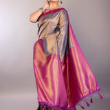 Grey Soft South Indian Silk Saree with Contrast Purple Border - Anvi Couture