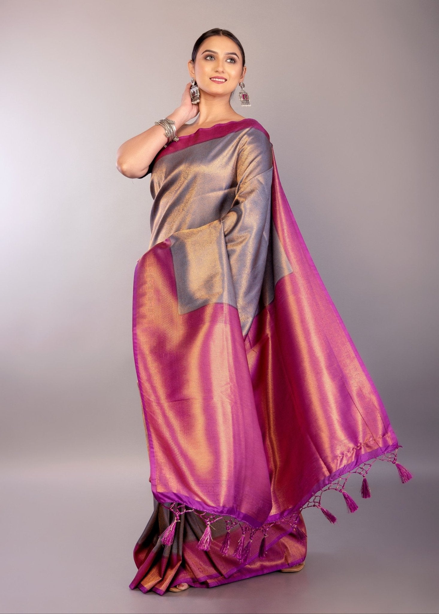 Grey Soft South Indian Silk Saree with Contrast Purple Border - Anvi Couture