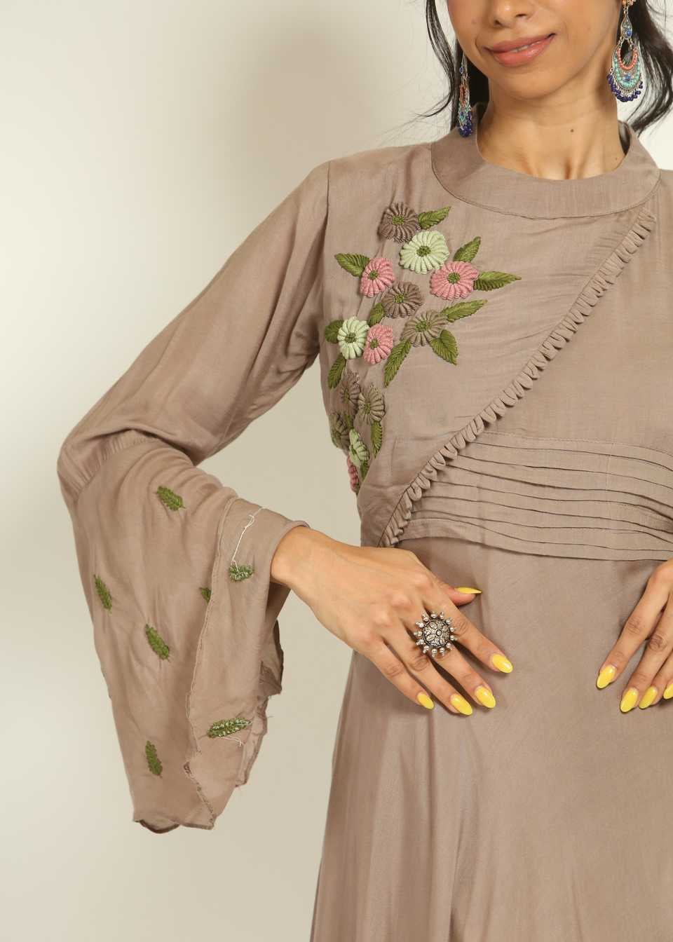 Mushroom Cotton Gown with Floral Hand Embroidery Work - Anvi Couture