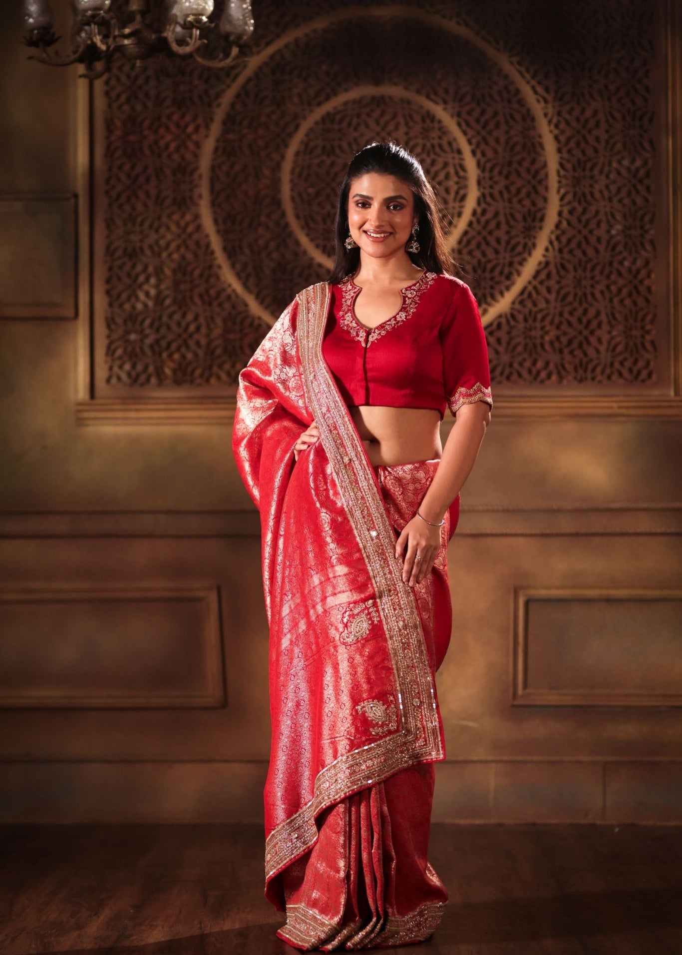 Red Brocade Banarasi Silk Sarees with Hand Embroidered Work - Anvi Couture