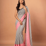 White and Pink Cotton Striped Handloom Saree - Anvi Couture