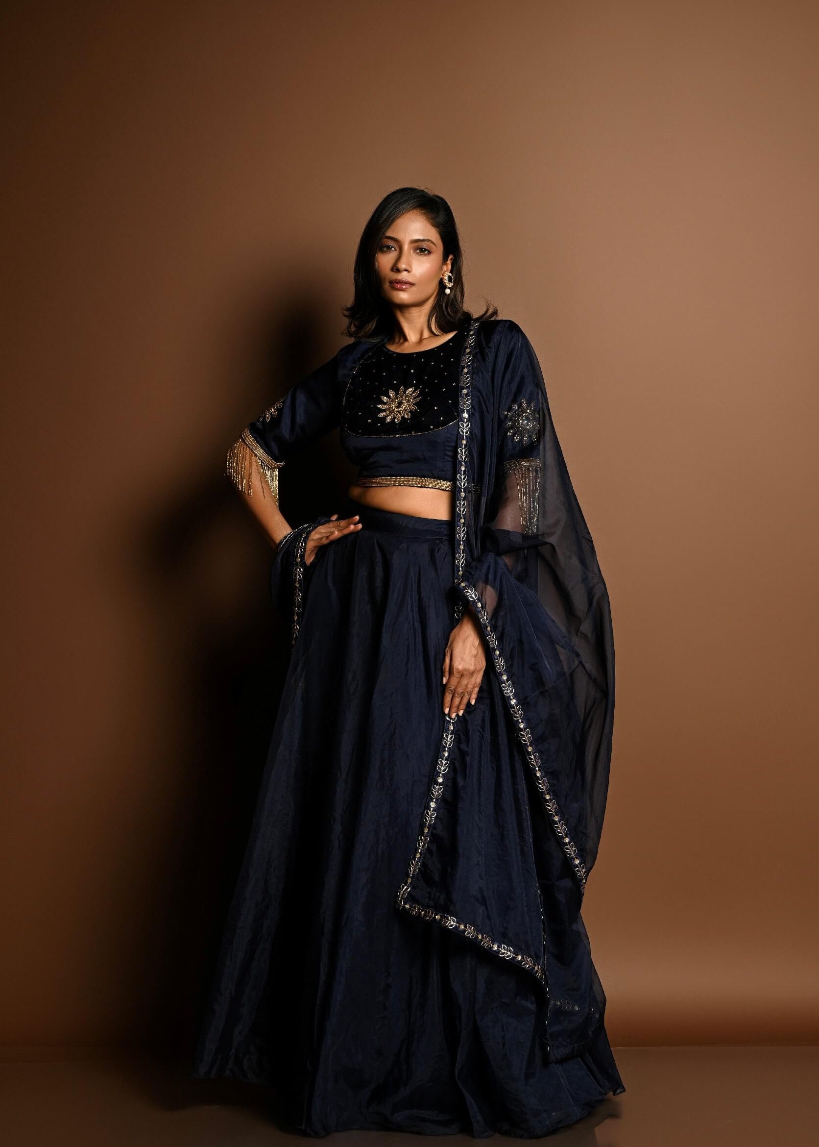Dark Blue Lehenga Set with Hand Embroidery Work - Anvi Couture