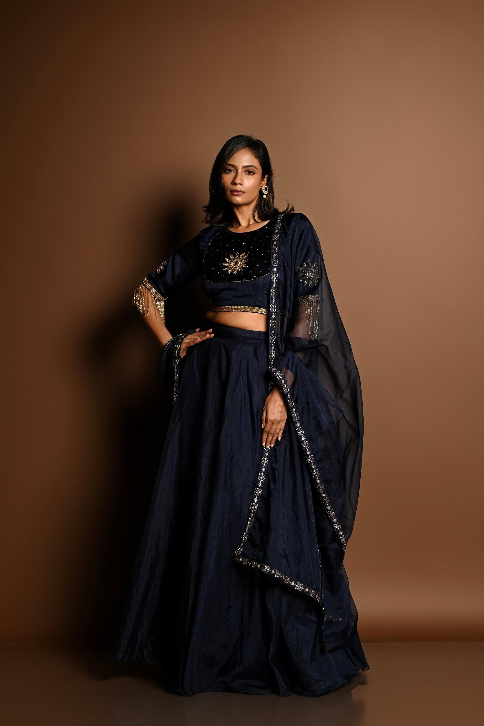 Dark Blue Lehenga Set with Hand Embroidery Work - Anvi Couture