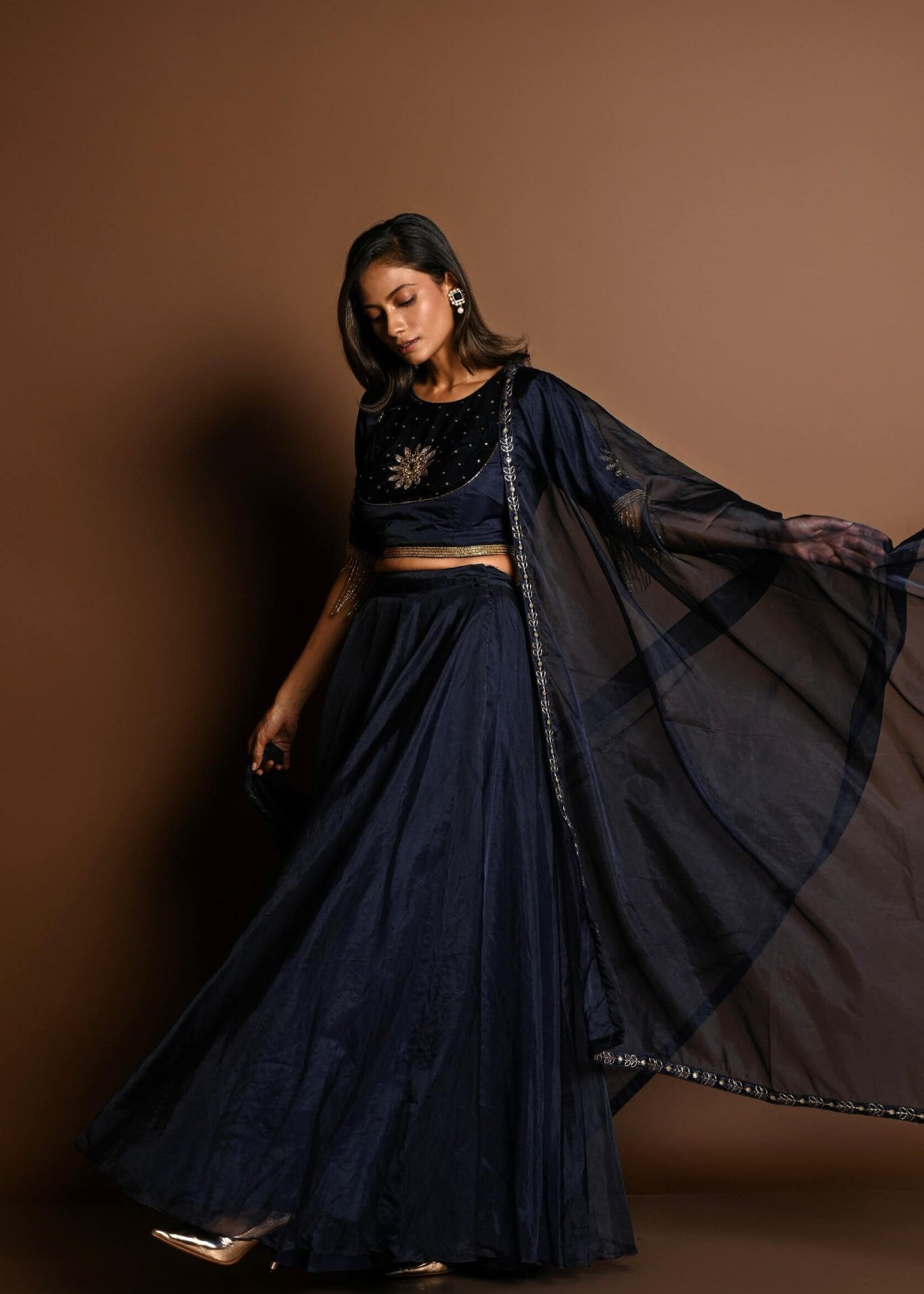 Dark Blue Lehenga Set with Hand Embroidery Work - Anvi Couture