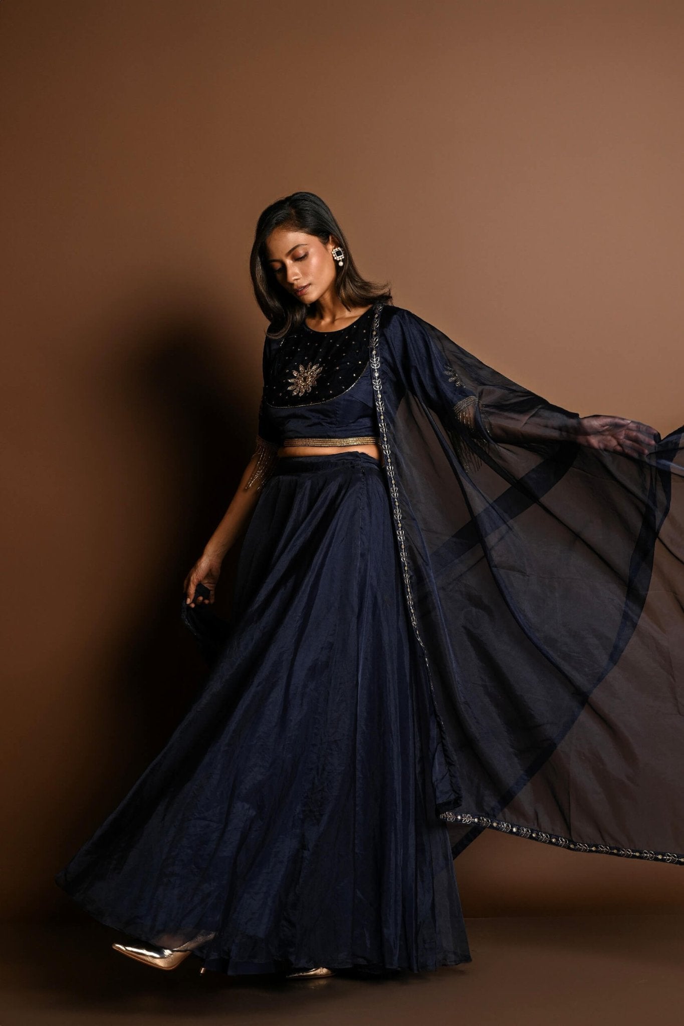 Dark Blue Lehenga Set with Hand Embroidery Work - Anvi Couture