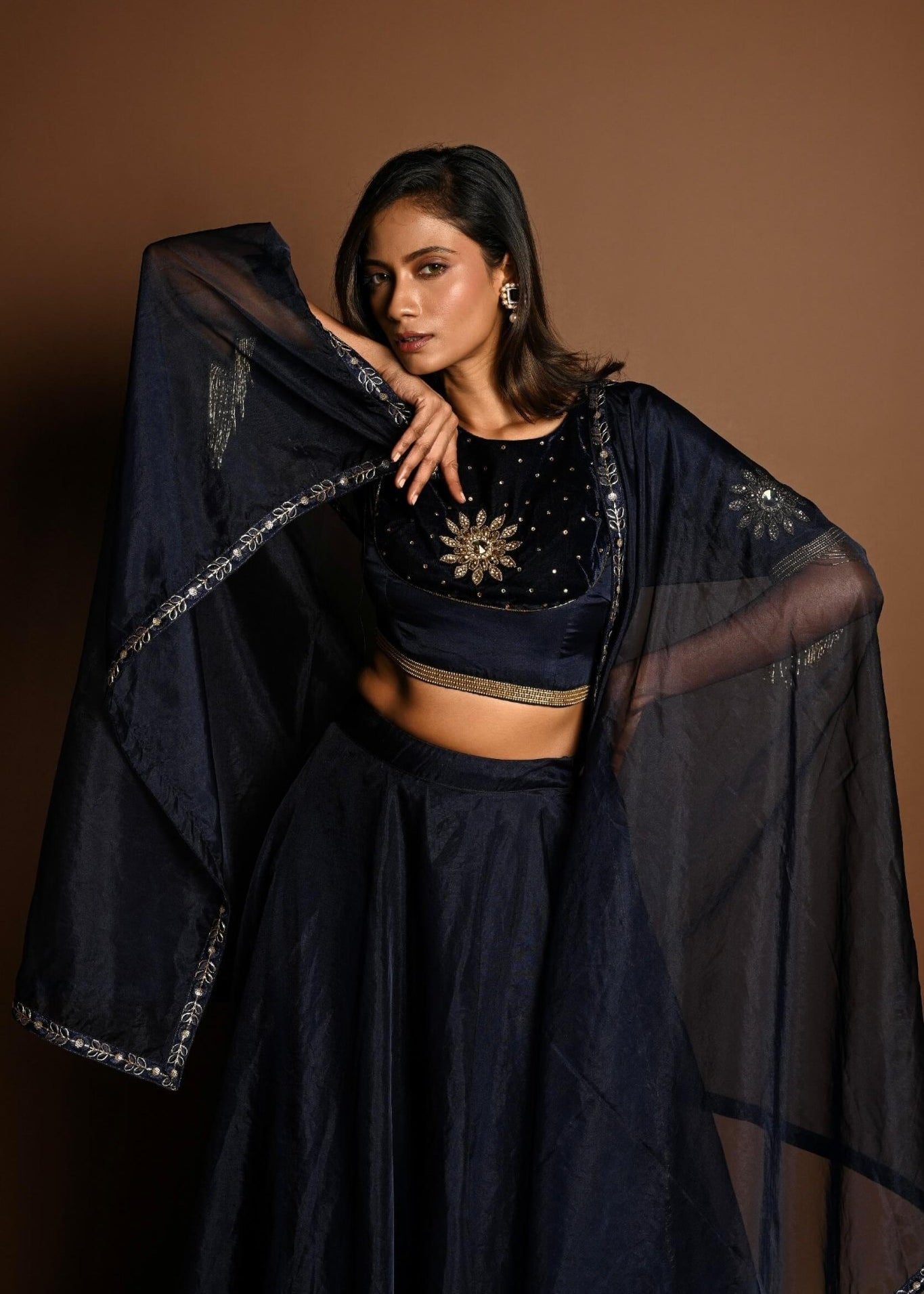 Dark Blue Lehenga Set with Hand Embroidery Work - Anvi Couture
