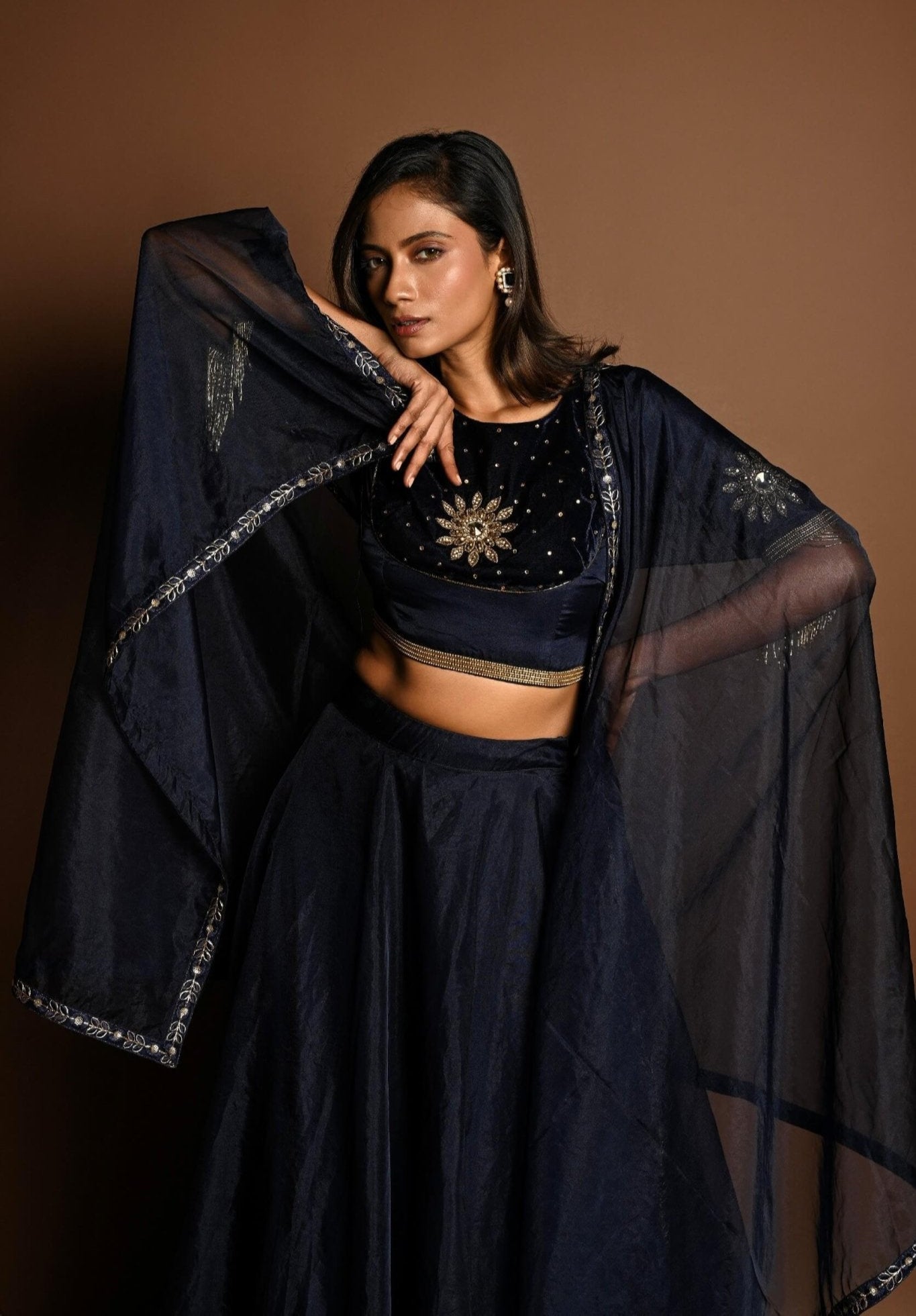 Dark Blue Lehenga Set with Hand Embroidery Work - Anvi Couture