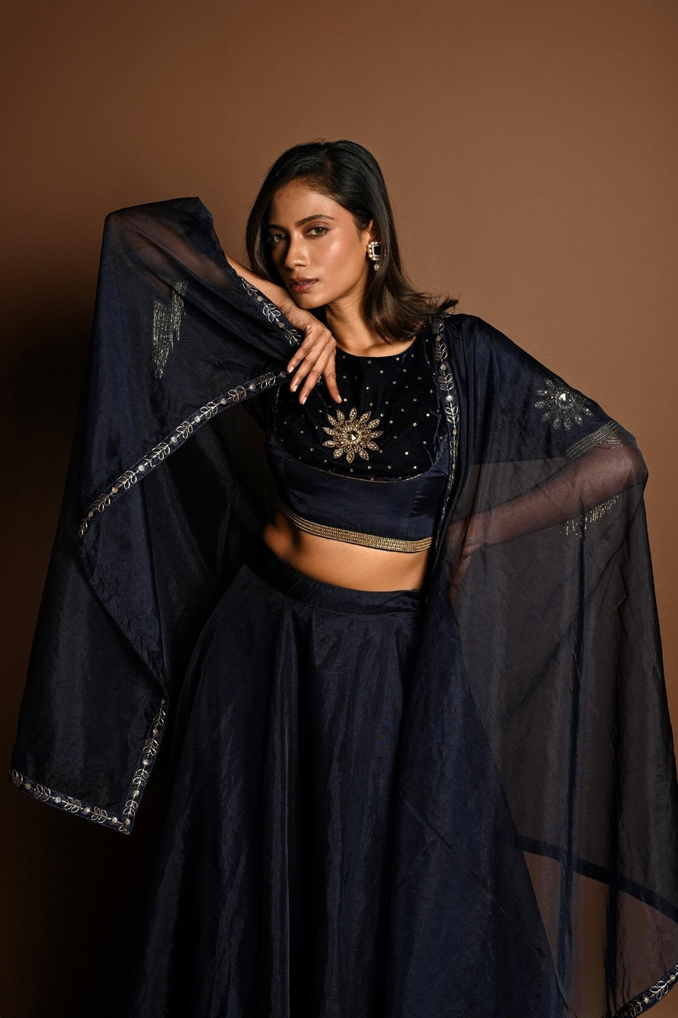 Dark Blue Lehenga Set with Hand Embroidery Work - Anvi Couture